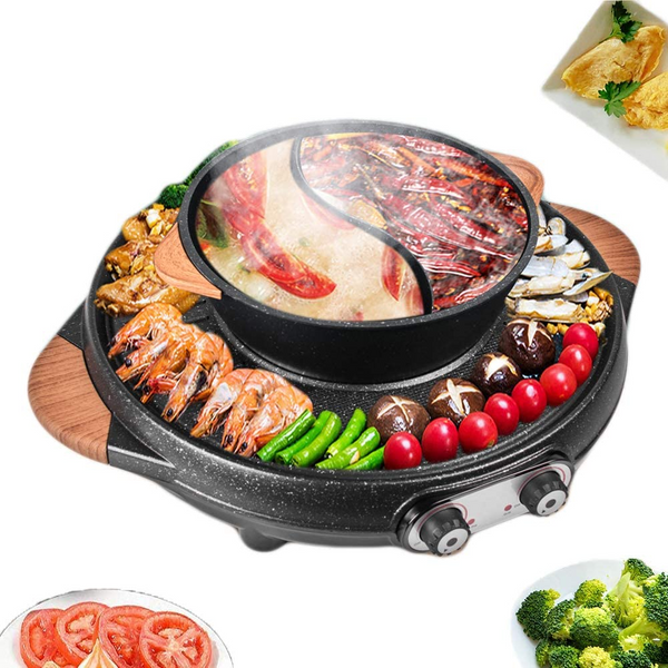 2 in 1 Smokeless Grill and Hot Pot Combo with Dual Temperature Control