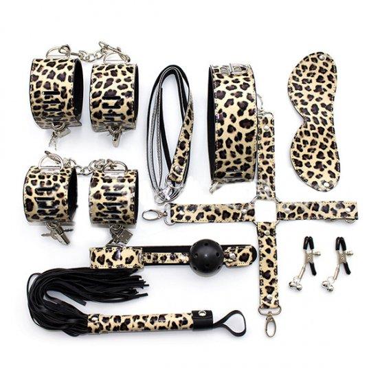 Bondage Lit Set Leopard Handcuffs Neck Collar Whip Ball Gag Rope Sex Toy