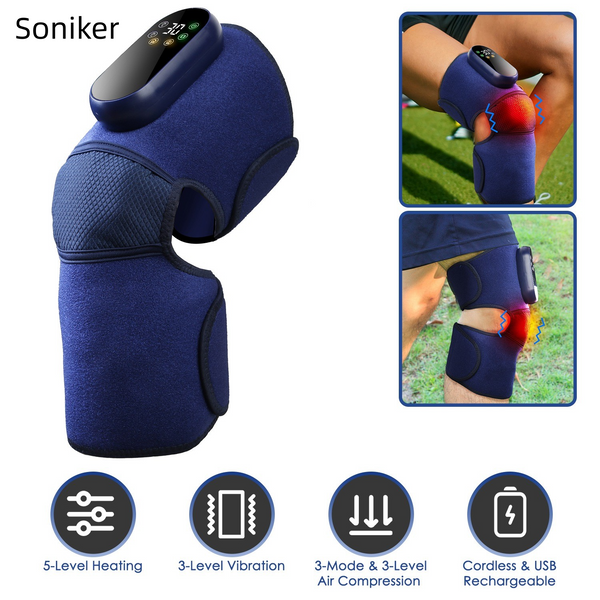 Soniker Massage apparatus Cordless Knee Massager Heated Knee Brace Wrap Electric Knee Heating Pad with 5-Level Heating 3-Level Vibration 3-Mode & 3-Level Air Compression