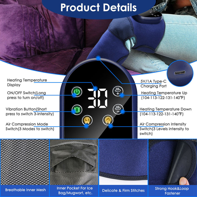 Soniker Massage apparatus Cordless Knee Massager Heated Knee Brace Wrap Electric Knee Heating Pad with 5-Level Heating 3-Level Vibration 3-Mode & 3-Level Air Compression