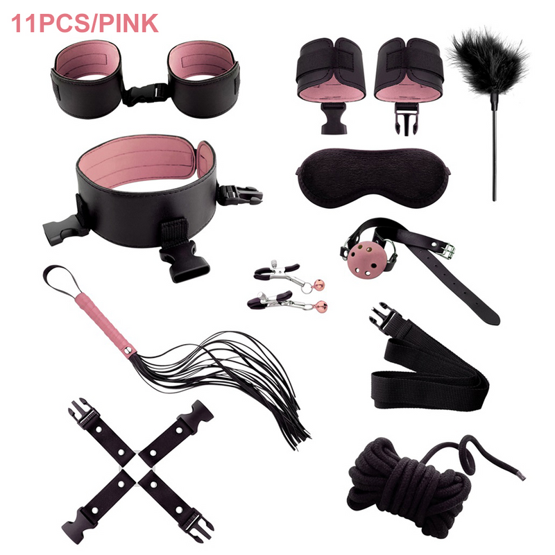 Sexy Leather BDSM Kits Plush Sex Bondage Set Handcuffs Sex Games Whip Gag Nipple Clamps Sex Toys