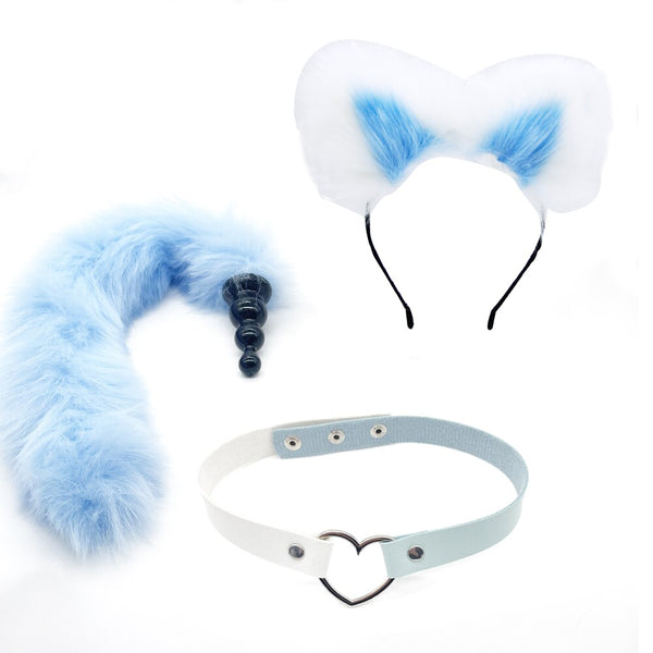 3 Pcs Set BDSM Cat Ears Fox Tail Neck Collar Prostate Massager Anal Plug Erotic Butt Plug